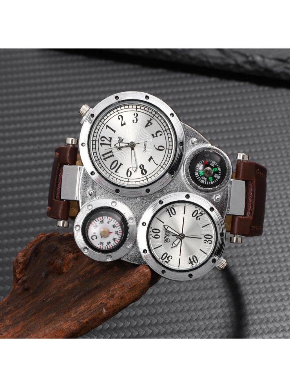 Men's Silver Brown Genuine Leather Strap Dual Time Analog Quartz Display Watches